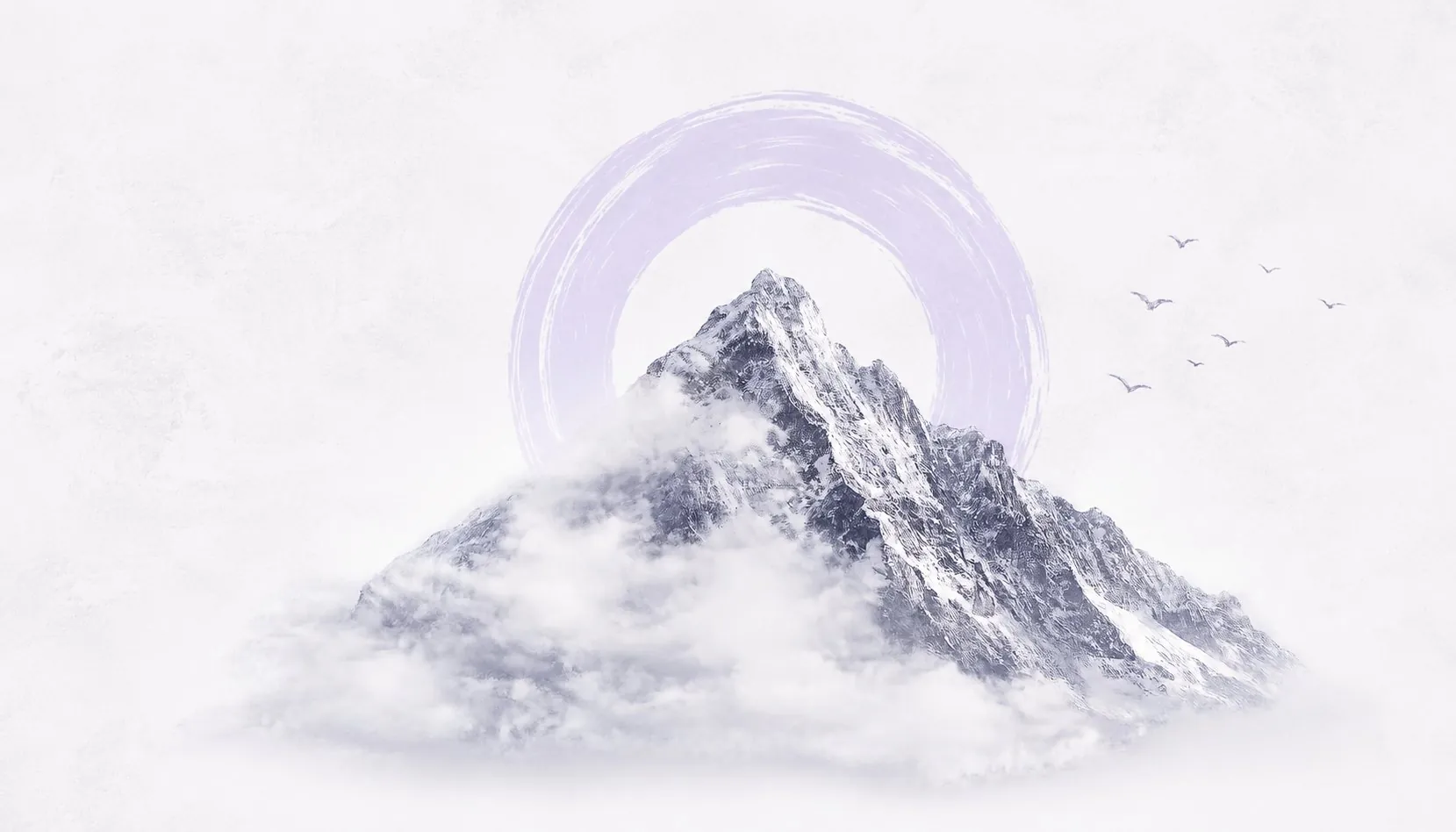 A mountain peak rising through cloud inside a painted purple ring