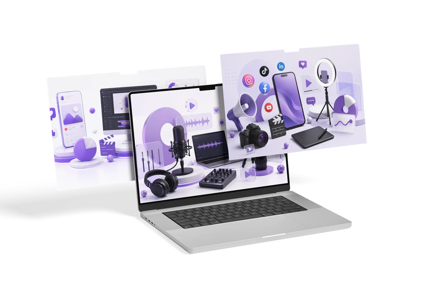 A laptop, phone and camera surrounded by social media and content-production icons