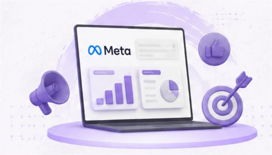A laptop showing a Meta advertising dashboard, with a megaphone, a thumbs-up and a target